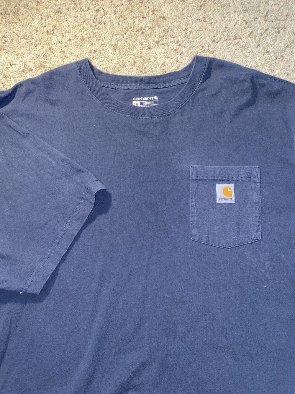 Carhartt Mens 2XL Loose Fit Pocket Work Navy Blue Cotton Tee Shirt